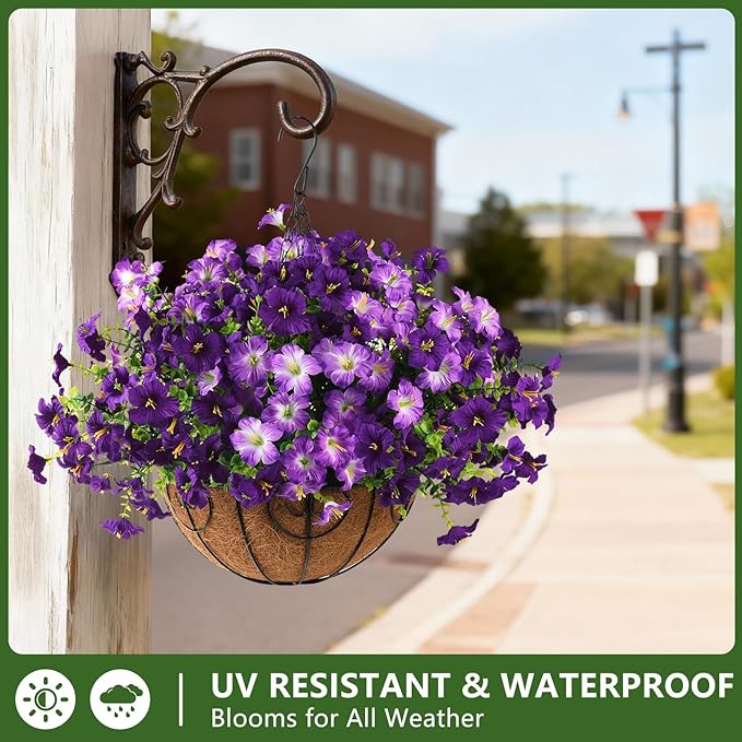 Artificial Flowers for Outdoors Fake Plants Spring Summer Decoration, 12 Bundles Faux Petunias UV Resistant Realistic Silk Flower for Outside Planters Patio Porch Yard Window Box (Double Purple)
