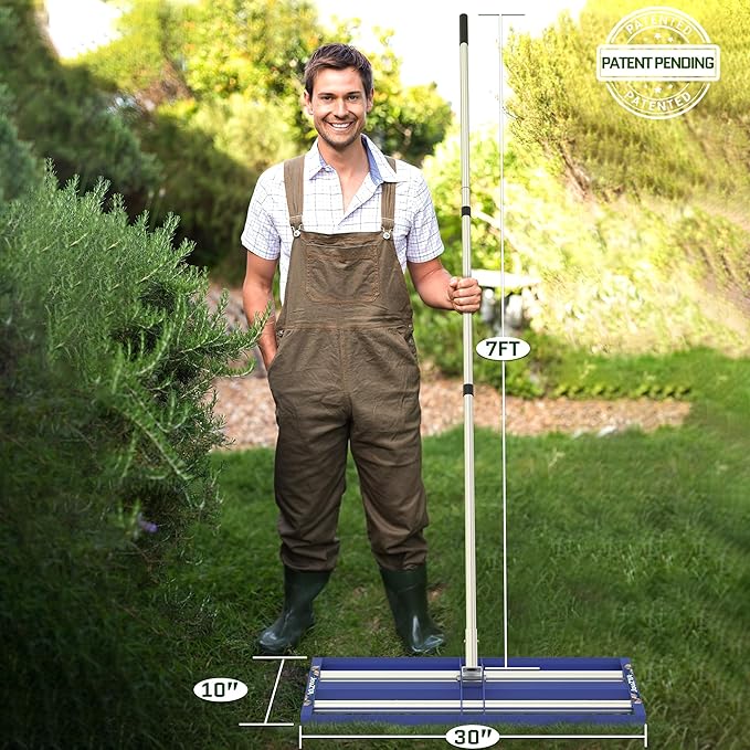 Updated Lawn Leveling Rake 30"x10", Lawn Leveler with Aluminum Rollers, Yard Leveling Rake Stainless Steel with 27-80" Adjustable Handle, Heavy-Duty Ground Leveler Suit for Garden,Golf,Lawn,Farm,Blue