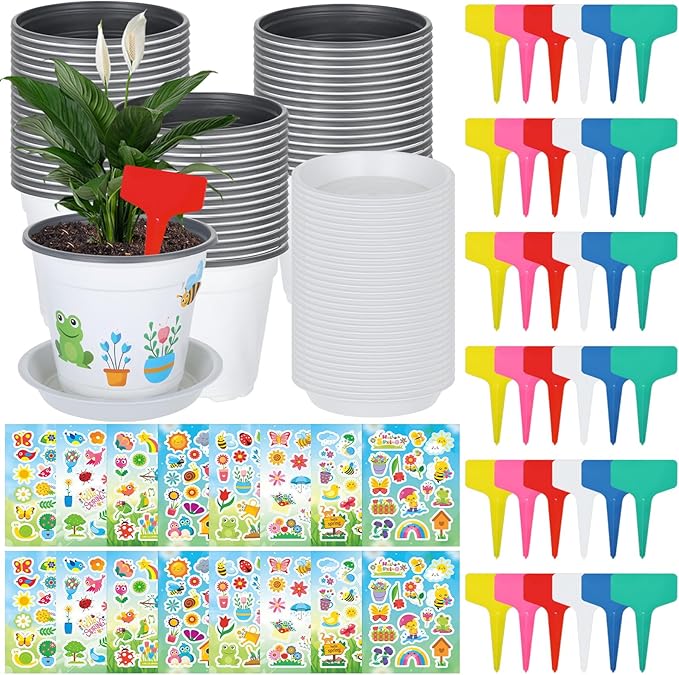 Garden Flower Pot Craft Kit, 48 Paintable Durable Resin Garden Pot with Tray Drainage Holes Adhesive Stickers and Plant Labels, Flower Plant Craft for Classroom Home DIY Flower Planting