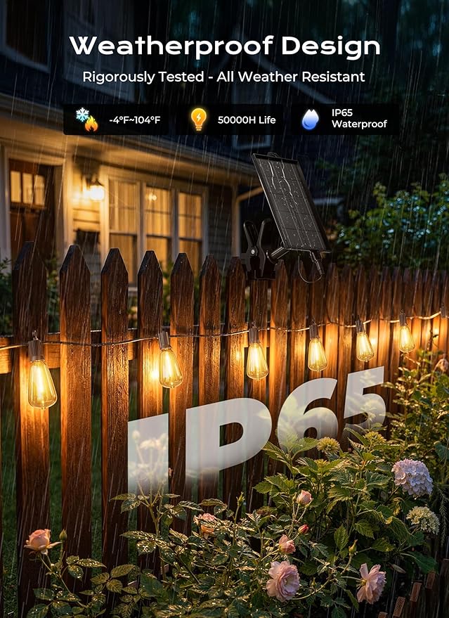 Brightown 108FT 50+2 LED Solar String Lights Outdoor Waterproof, Patio Lights with Remote and Shatterproof Bulbs, Dimmable & Timable, 3 Light Modes, Solar Lights Outdoor for Yard Garden Camping Party