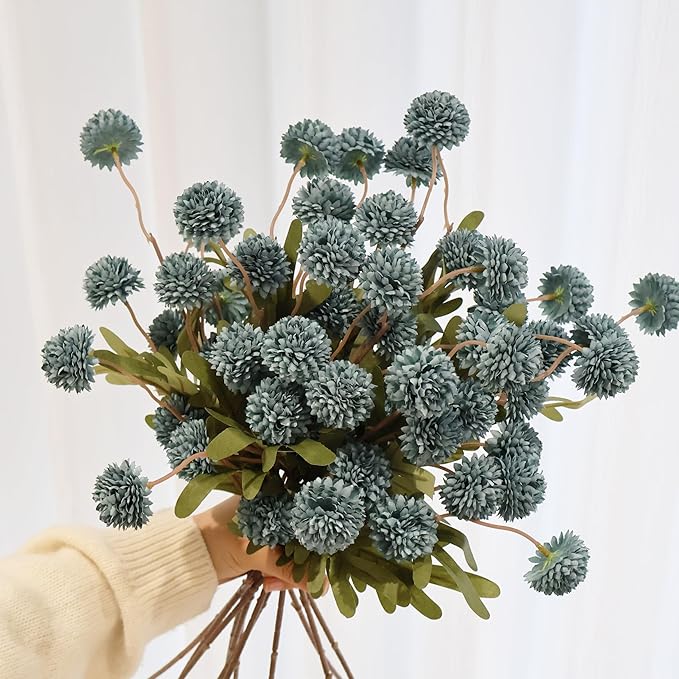 12Pcs Fake Kiku Flowers, Artificial Small Chrysanthemum Balls with Stems, Faux Silk Mini Pompon Mums for Vase Floral Arrangement DIY Bouquets Wedding Party Table Centerpieces Home Decor (No Vase)