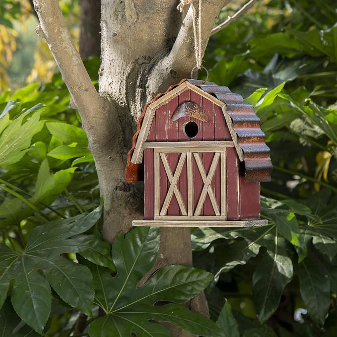glitzhome 10.2" H Rustic Bird House Outdoor Garden Red Barn Patio Garden Decorative Handmade Distressed Solid Wood Birdhouse