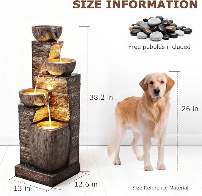 38.2" Tall Water Fountain Outdoor Garden,4 Tiers Modern Cascading Bowls and Stacked Stones Indoor Fountains with LED Lights for Patio, Deck, Porch, Backyard and Home Art Decor(Reddish-Brown