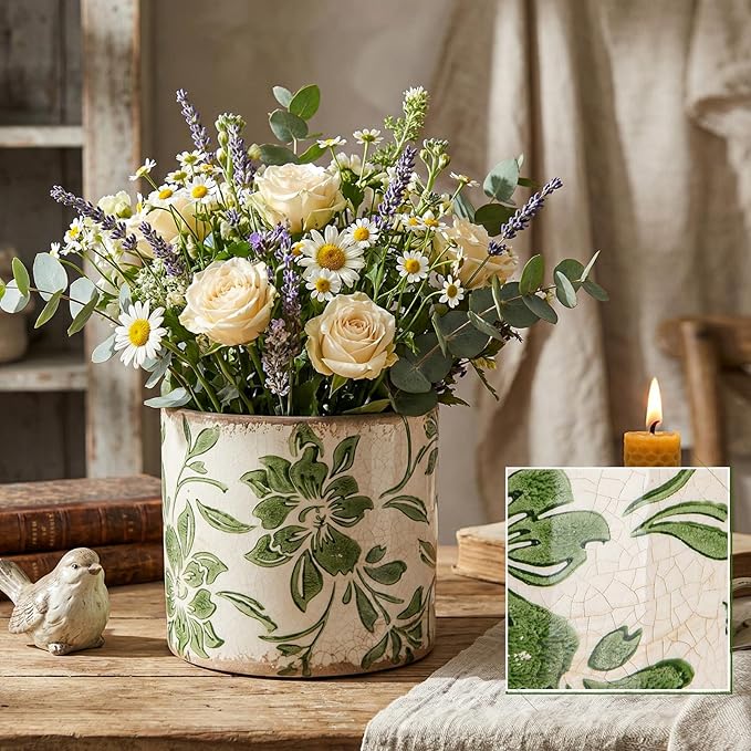 Potchen Indoor Ceramic Plant Pots with Drainage Hole 5 Inch Chinese Glaze Ice Crack Flower Pot Vintage Succulent Pots Porcelain Decorative Planter for Plants Herb Home Decor(Green,Leaves Style)