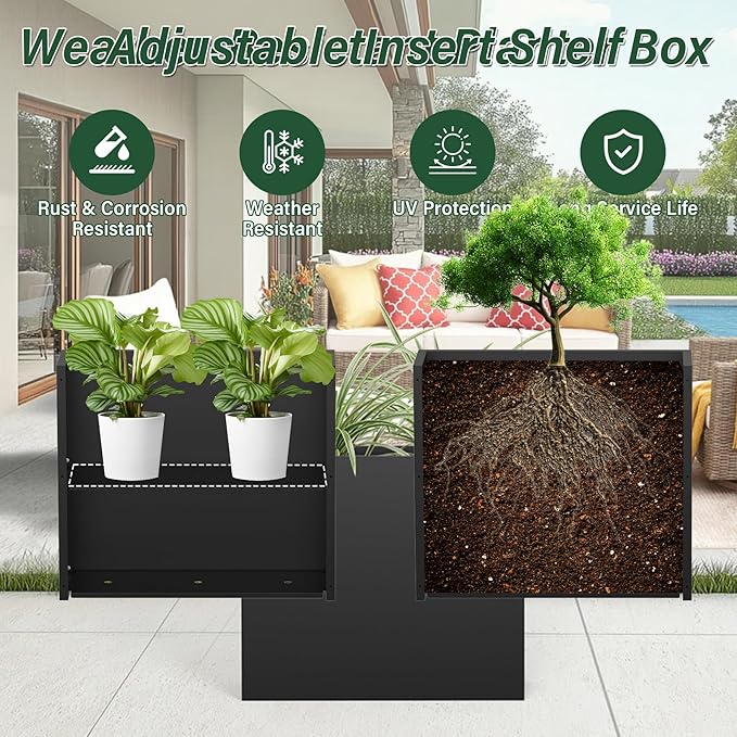 Metal Tall Planter 30" L x 10" W x 26" H, Long Rectangular Planter Box with Drainage Holes & Removable Shelf – Heavy Duty Steel Planter for Tall Plants, Flowers or Shrubs