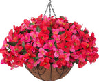 Artificial Fake Hanging Flower Plants Basket for Outdoors Spring Summer Decoration, Faux Bougainvillea Flowers in Planter Look Real UV Resistant Silk Flower for Outside Porch Patio Garden Home Decor