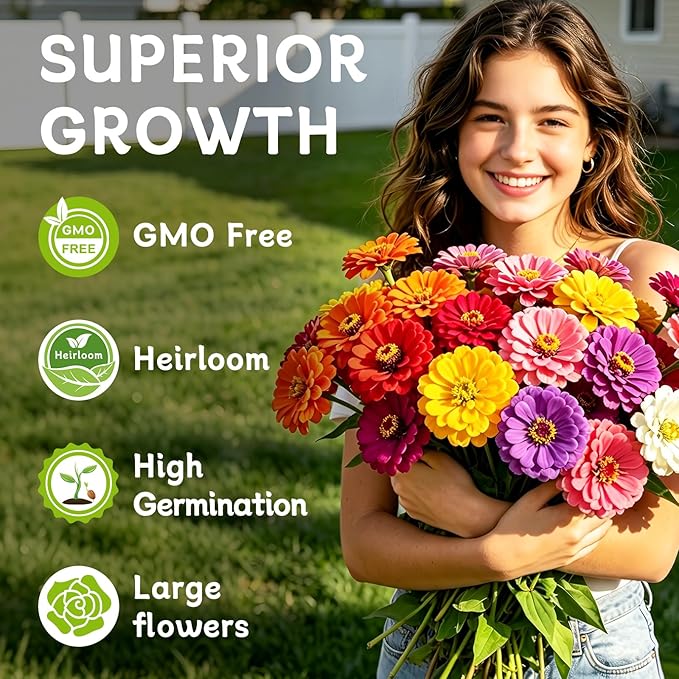 LUOJIBIE Zinnia Seeds for 2026, 6,000+ California Giant Zinnia Seeds Bulk, Double Dahlia Zinnia Mixed Color Seeds, Flower Seeds for Planting Outdoor Garden, Non-GMO Heirloom, Easy to Grow