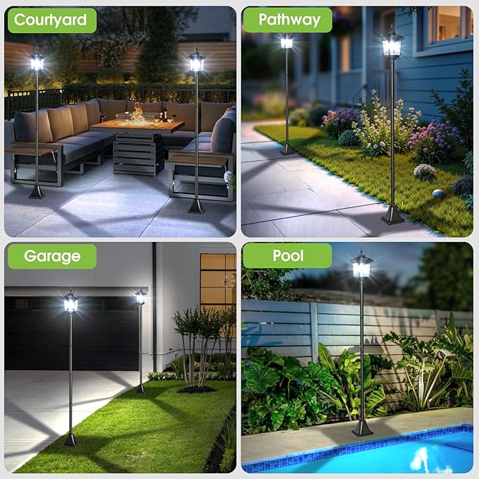 Greluna Solar Lamp Post Light Outdoor, Cool White, IP45 Waterproof Solar Post Lights Outdoor, Pole Lights Decorative Lamp for Yard Garden Patio Lawn Pathway Driveway Front/Back Door 2 Pack