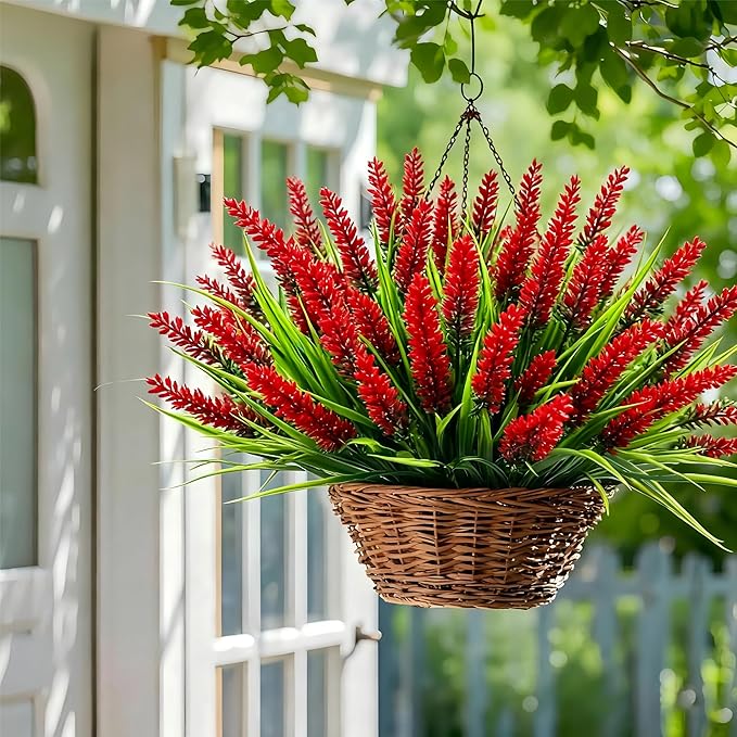 Geegoods Artificial Plants Flowers Outdoor – 24 Bundles UV Resistant Faux Lavender Flowers with Monkey Grass for Garden Porch Window Patio Hanging Planter Decor