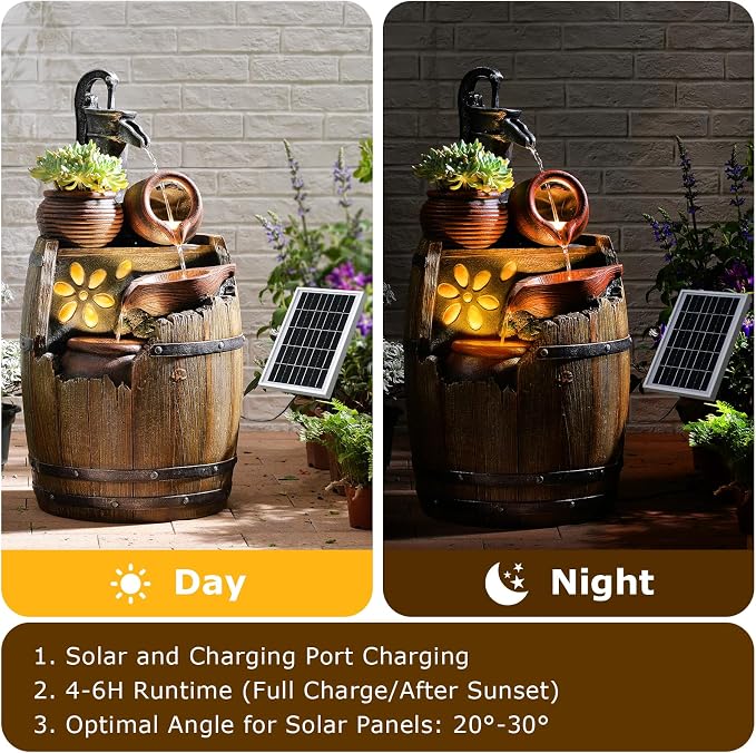 29" Tall Solar Water Fountain Outdoor Garden, 4-Tier Rustic Barrel Pump Solar Powered Water Fountain Cascading Waterfall with LED Lights for Patio, Backyard, Porch