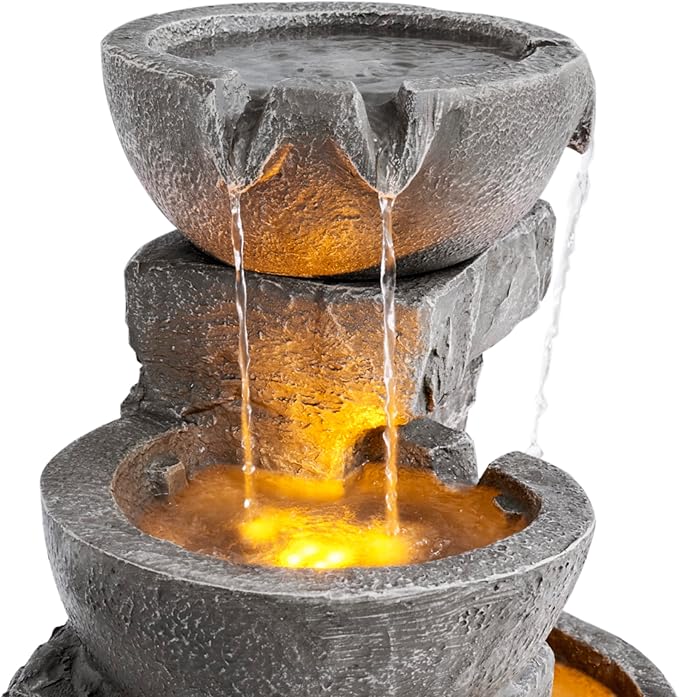 Teamson Home 33" Outdoor Water Fountain with LED Lights, 3-Tier Cascading Bowls, Weather-Resistant Resin Garden Water Feature for Patio, Lawn, and Backyard Decor – Stone Gray