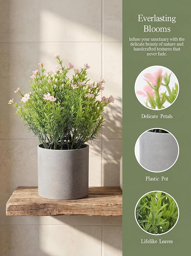 2 Pack Small Desk Plants, Artificial Bathroom Plants Decor with Thyme Flower in Vintage Melamine Pots, Faux Plants Indoor for Shelf Decor in Home Office, and Spring Decor (Pink)