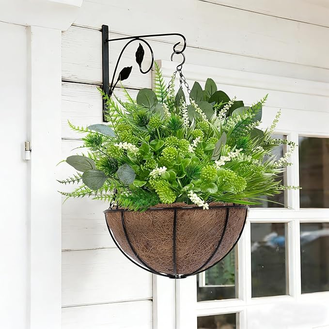 12 Bundles 4 Styles Artificial Plants Outdoor, UV Resistant No Fade Artificial Flowers Faux Plants Fern Lavender Eucalyptus Plastic Greenery Shrubs for Outside Porch Garden Home Spring Summer Decor