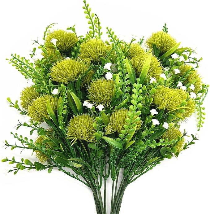 PASYOU Artificial Dandelion Flowers, Fake Dandelions Plastic Plants Faux Realistic Plant for Outdoor Indoor Home Garden Kitchen Bedroom Wedding Party Vase Planter Filler DIY Decorations Green 4 Pack