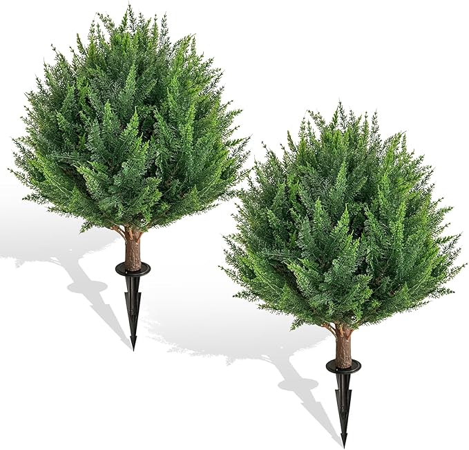 24.5”Artificial Cedar Topiary Ball Tree Set of 2 with Ground Spikes, UV Resistant Artificial Bushes Fake Plants for Home Front Door Offices