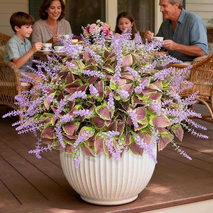 12 Bundles Artificial Coleus Flowers | UV Resistant No Fade Silk Faux Plants | Spring Summer Outdoor Fake Greenery for Garden Patio Planters Front Porch Pathway Decor (Purple)