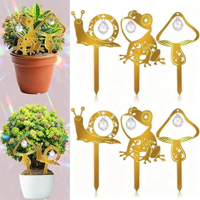 Novabright 6pcs Plant Trellis Indoor with Crystal Sun Catcher Potted Plants Decorations Sun Catcher Cute Mushroom Snail Frog Acrylic Stake for Indoor Home Garden Hanging Art Crafts Decoration