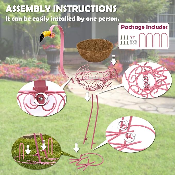 J-Fly Set of 2 Pink Flamingos Metal Potted Plants Holders with Coconut Flower Pots, Christmas Yard Flamingos Plant Stand Indoor & Outdoor, Floral Garden Christmas Decor, Flower Pots Stand Outdoor