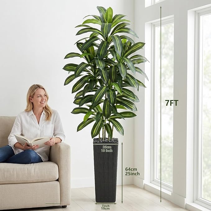 Artificial Dracaena Tree：7FT Faux Silk Tropical Yucca Floor Trees Realistic Fake Green Plant with Natural Wood Trunk & Lifelike Leaves for Home Office Decor Indoor & Outdoor (7FT,1-Pack,Black)