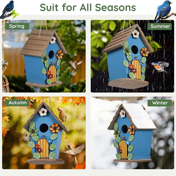 Bird Houses for Outside,Wooden Blue Birdhouse,Decorative Birdhouses for Outdoors,Hanging Bird Houses,Bird Box Nest,Humming Bird House for Outside,Bird Gifts for Bird Lovers
