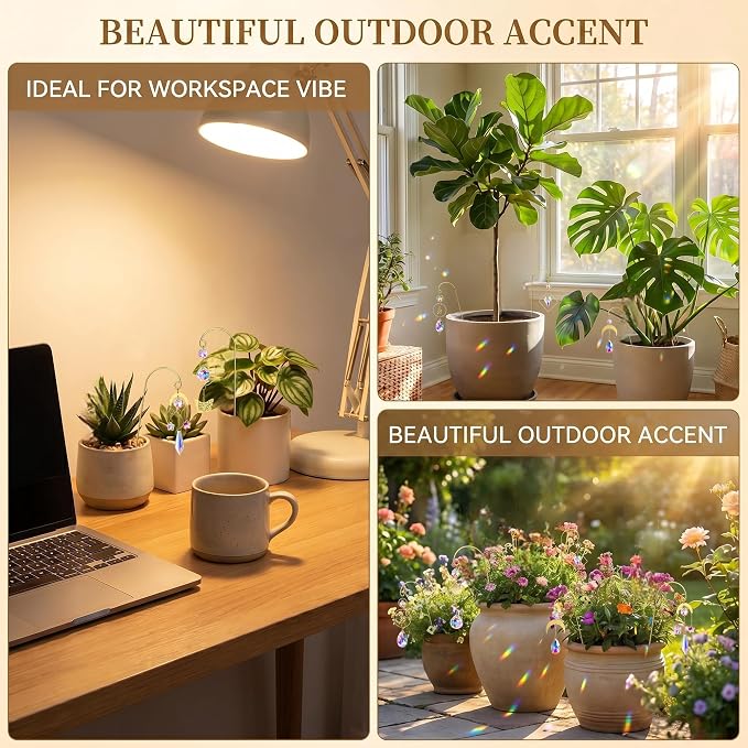 HDCRYSTALGIFTS 6 Pack Crystal Suncatcher, Garden Suncatchers with Gold Small Trellis for Potted Plants Indoor Plant Accessories Sun Catchers Trellis for Garden Home Window Decor