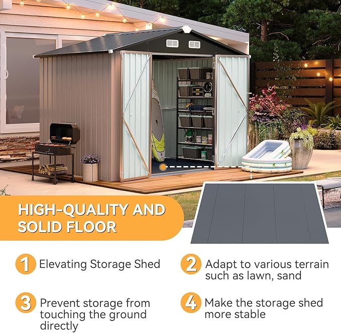 Aoxun 8x6FT Outdoor Storage Shed with Floor Galvanized Steel Shed with Magnetic Sensor Light Metal Garden Shed for Bike/Generator/Tool Storage (Brown)