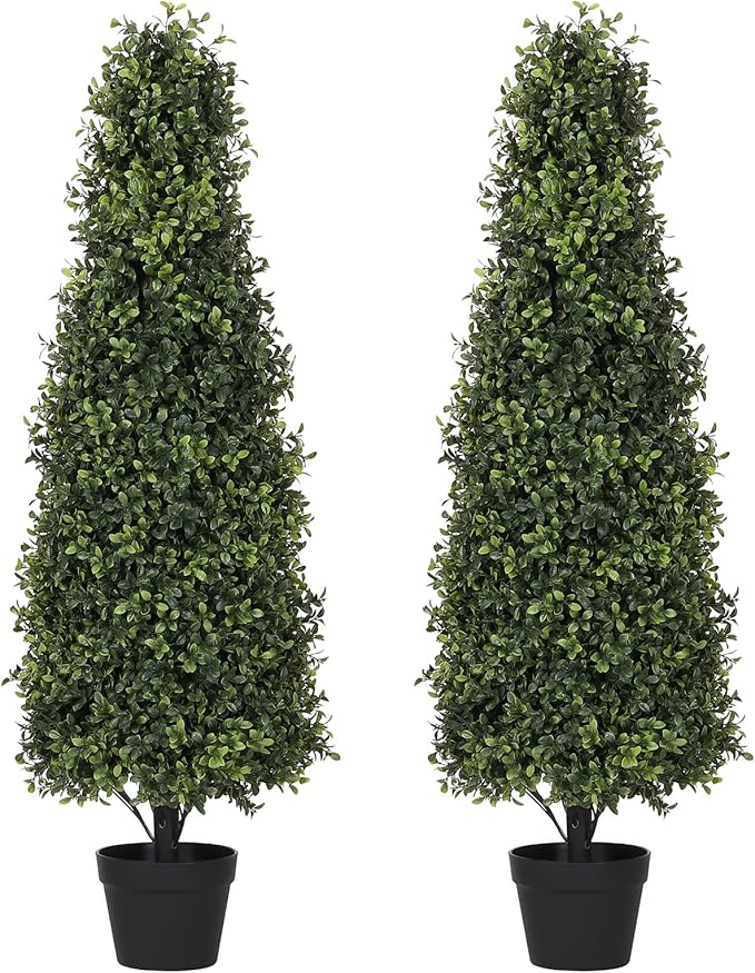 4ft Artificial Boxwood Topiary Trees (Set of 2) - UV Resistant Faux Plants Outdoor, Realistic 48in Fake Potted Bushes and Shrubs for Front Porch, Planter, Patio, Evergreen