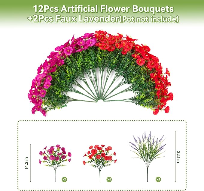 Artificial Flowers Fake Plants for Outdoors Decoration, 12 Bundles Silk Morning Glory with 2PCS Lavender Realistic UV Resistant Faux Spring Flowers for Outside Planter Yard Patio Garden Home Indoor