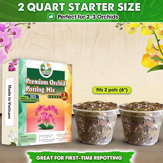 [Upgraded] DUSPRO Orchid Potting Mix for Repotting with Forest Moss, Pine Bark, Perlite & Pumice Natural Ingredients, Orchid Bark Potting Mix, Orchid Repotting Kit Drainage Indoor Potting Medium 2QT