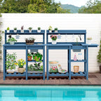 SERWALL Outdoor Potting Bench 2-Piece Set, Rot-Resistant HDPE Potting Table with Removable Sink for Outside Gardening, All-Weather Use - Blue