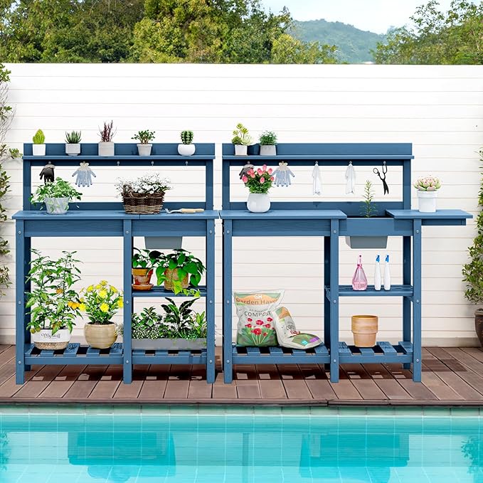 SERWALL Outdoor Potting Bench with Removeable Sink,Rot-Resistant HDPE Potting Table for Outside Gardening, All Weather Use - Blue