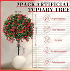 Artificial Boxwood Topiary Ball Trees with Red Rose, 2 Set of 16'' UV Resistant Fake Evergreen Shrubs Bushes Plants with Ground Spike Fake Plants for Outdoor Indoor Front Porch Garden