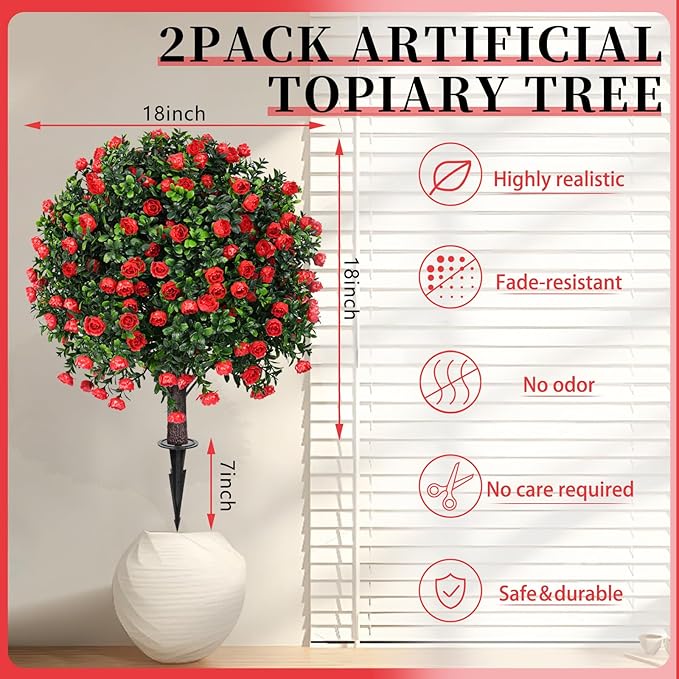 Artificial Boxwood Topiary Ball Trees with Red Rose, 2 Set of 16'' UV Resistant Fake Evergreen Shrubs Bushes Plants with Ground Spike Fake Plants for Outdoor Indoor Front Porch Garden