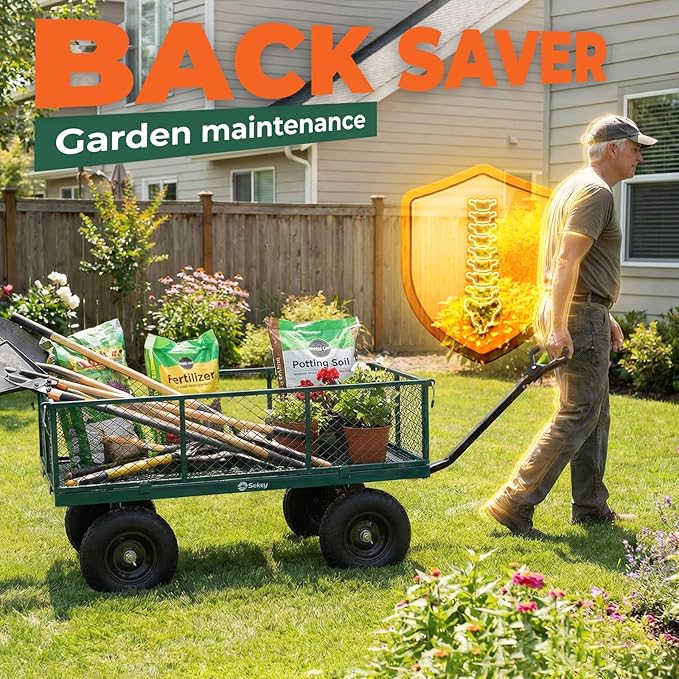 Sekey 1400lbs Heavy Duty Steel Garden Cart for Farm & Construction, 7.7 Cu.Ft. Extra-Large Utility Wagon with Removable Sides, 2-in-1 Towable Handle, 13" Rubber Tires, Green