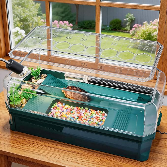 Turtle Tank Kit with 3-Stage Filter, Basking Platform & Heat Lamp - Complete Turtle Aquarium Habitat for Water Turtles, Enclosure or Hermit Crab Tank, Easy Drain Starter Kit Green, 18.1 Inch