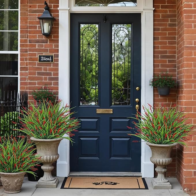 24 Bundles Artificial Plants Flowers Outdoor, Faux Lavender Flowers Fake Monkey Grass UV Resistant Plastic Plant for Porch Garden Patio Window Home Decor, Red