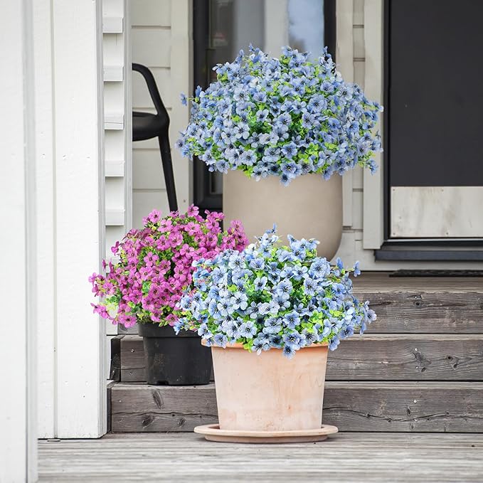 ATTGREAT Artificial Flowers Outdoor Faux Plants UV Resistant Fake Patio Flowers Plastic Greenery Plnats Outside Bulk for Spring Garden Hanging Planter Home Vase Decor, 12 Bundles (Blue)
