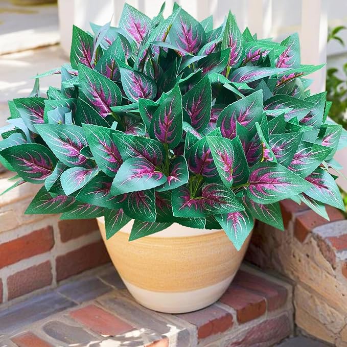 Artificial Plants Faux Greenery for Outdoor Outside UV Resistant, Fake Silk Realistic Coleus Bushes Shrubs for Porch Planters Front Door Patio Pots Spring Summer Decor, 12 Bundles