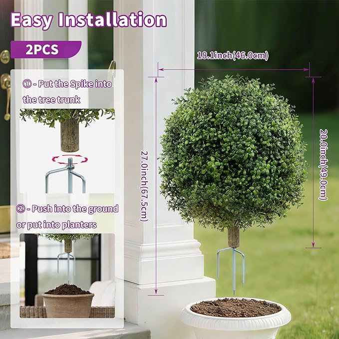 2 Pack Artificial Boxwood Topiary Ball Trees for Outdoors, 27" Faux Boxwood Topiary Bush with Metal Ground Spike UV Resistant Realistic Evergreen for Front Porch, Garden, Yard & Balcony Decor