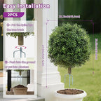 2 Pack Artificial Boxwood Topiary Ball Trees for Outdoors, 27" Faux Boxwood Topiary Bush with Metal Ground Spike UV Resistant Realistic Evergreen for Front Porch, Garden, Yard & Balcony Decor