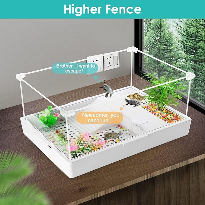 Small Turtle Starter Kit with Integrated Pump, Basking Light, Clear Acrylic 3-Layer Easy Cleaning Turtle Tank Aquarium for Small Reptiles