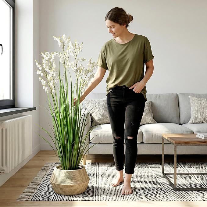 Ttranewsoo Artificial Tall Grass Plants with Pots 47“ 1 Pack Lily of The Valley Artificial Grass Home Interior Decorating and Outdoor Garden Decorations（White）