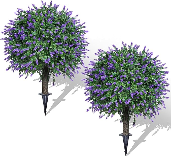 AOKIIE Set of 2 Artificial Lavender Boxwood Topiary Ball Bush for Outdoor with Ground Spike 22", UV Resistant Faux Greenery Shrubs, Fake Boxwood Plants for Indoor, Garden, Yard, Porch, Patio Decor