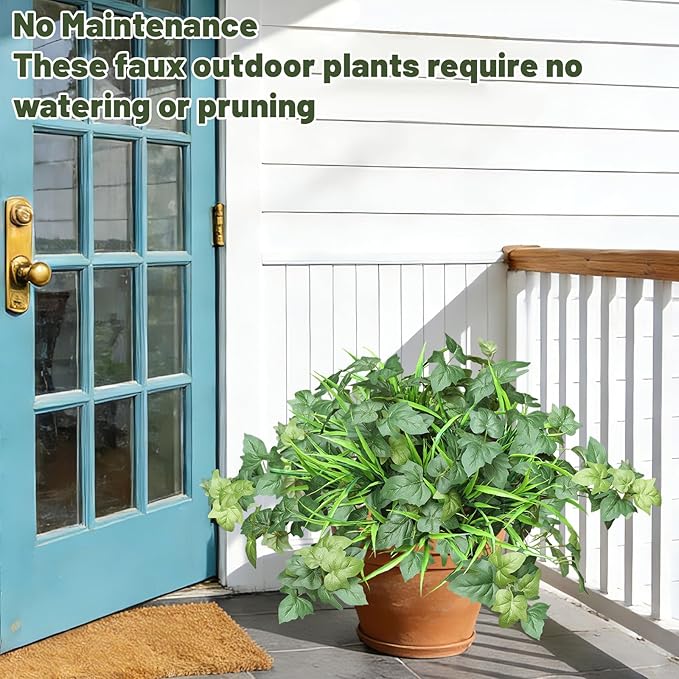 6PCS Outdoor Faux Plants, UV Resistant Artificial Grass for Outdoor Planters, Fake Greenery Plants for Garden Balcony Yard Porch Decor (Green)
