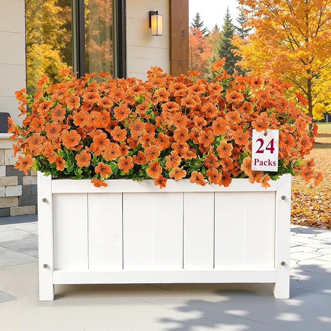 Alupssuc 24 Bundles Artificial Flowers for Outdoors Decoration, UV Resistant Silk Faux Daisy Flora Spring Fake Plastic Plants Greenery for Outside Indoor Yard Home Porch Window Box Decor, Orange