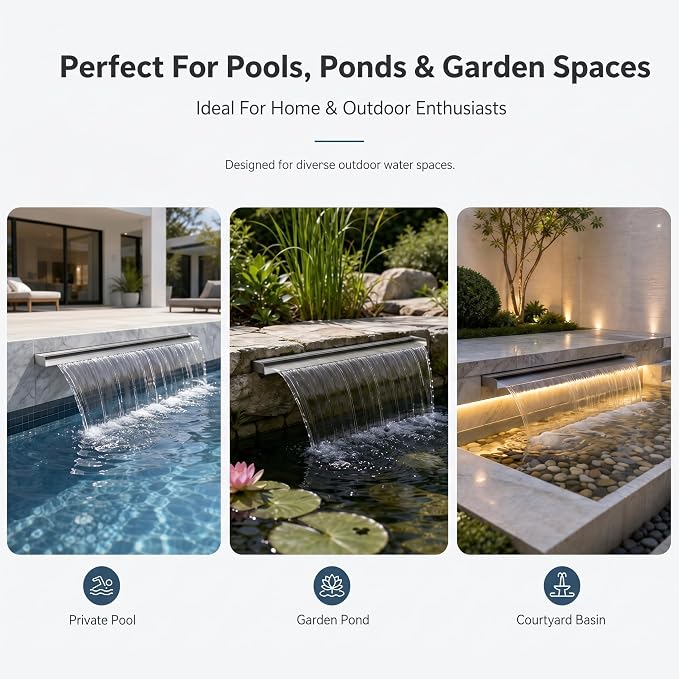 Stainless Steel Pool Fountain Waterfall Sheer Descent, 47.2 Inches Spillway for Swimming Pool, Outdoor Garden Pond, Patio & Backyard Water Feature Decoration(47.2")