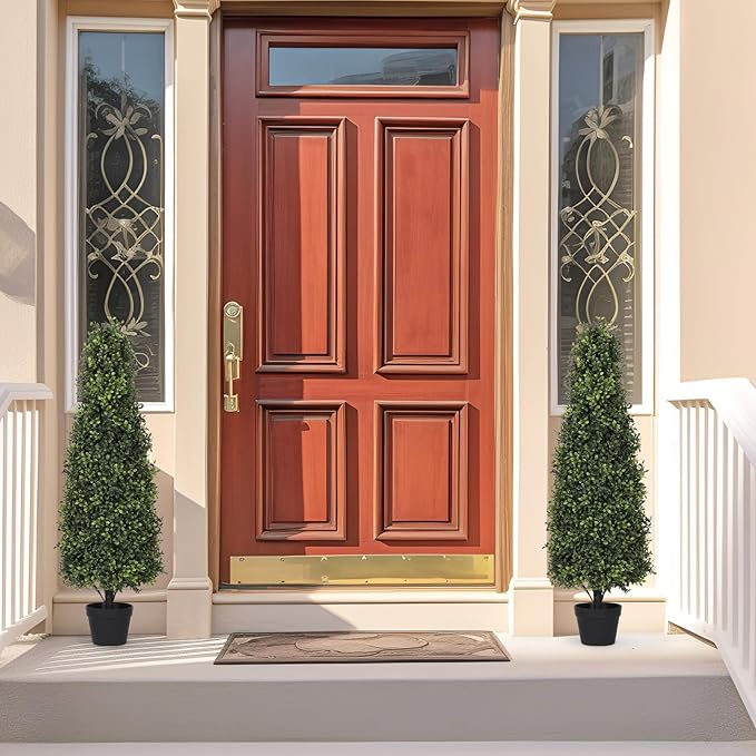 4ft Artificial Boxwood Topiary Trees (Set of 2) - UV Resistant Faux Plants Outdoor, Realistic 48in Fake Potted Bushes and Shrubs for Front Porch, Planter, Patio, Evergreen
