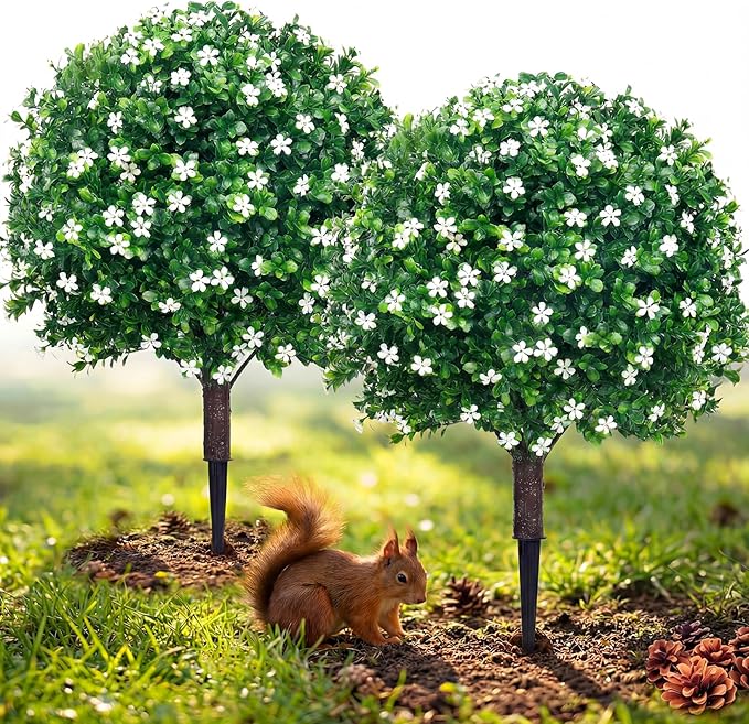 PATIO CHOICE Topiary Trees Artificial Outdoor Boxwood Ball Trees with Ground Spike Set of 2 22" Fake Outdoor Plants Faux Bushes and Shrubs Decorations for Outdoor Indoor Front Porch Garden