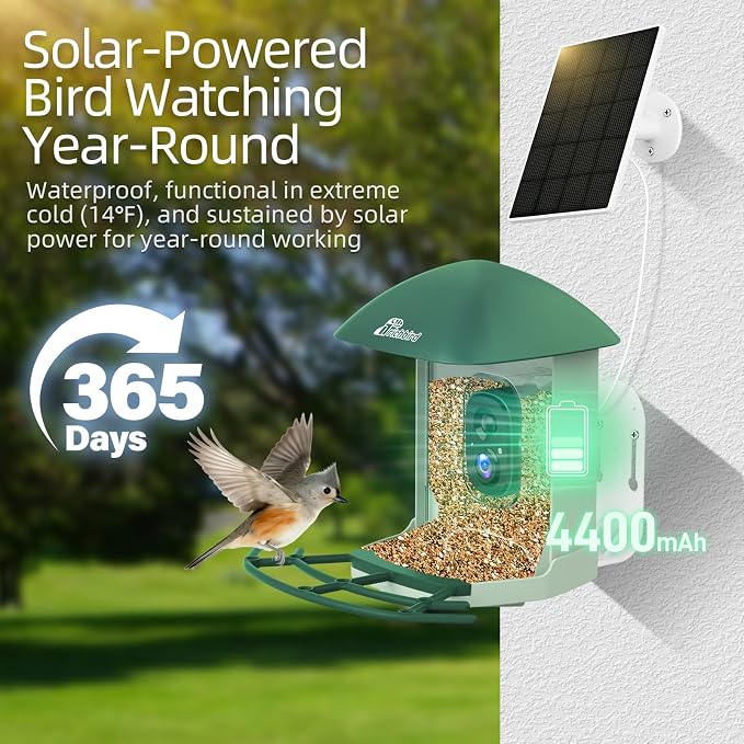 Smart Bird Feeder with 4MP HD Camera, Birdwatching Camera with Free AI Identify Birds & Solar Panel for Outdoors, Auto Video Capture & Instant Notifications,for Dad Granpa Birdlovers,Green