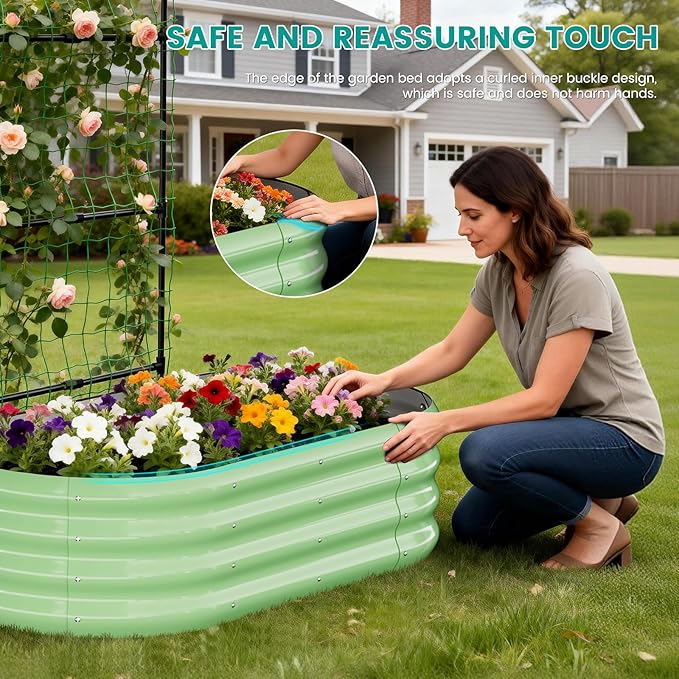 SUNYRISY Galvanized Raised Garden Bed with 87" H Arch Trellis for Climbing Plants Outdoor, Metal Planter Box with Netting for Gardening Flowers Vegetables Fruit Herb, Green